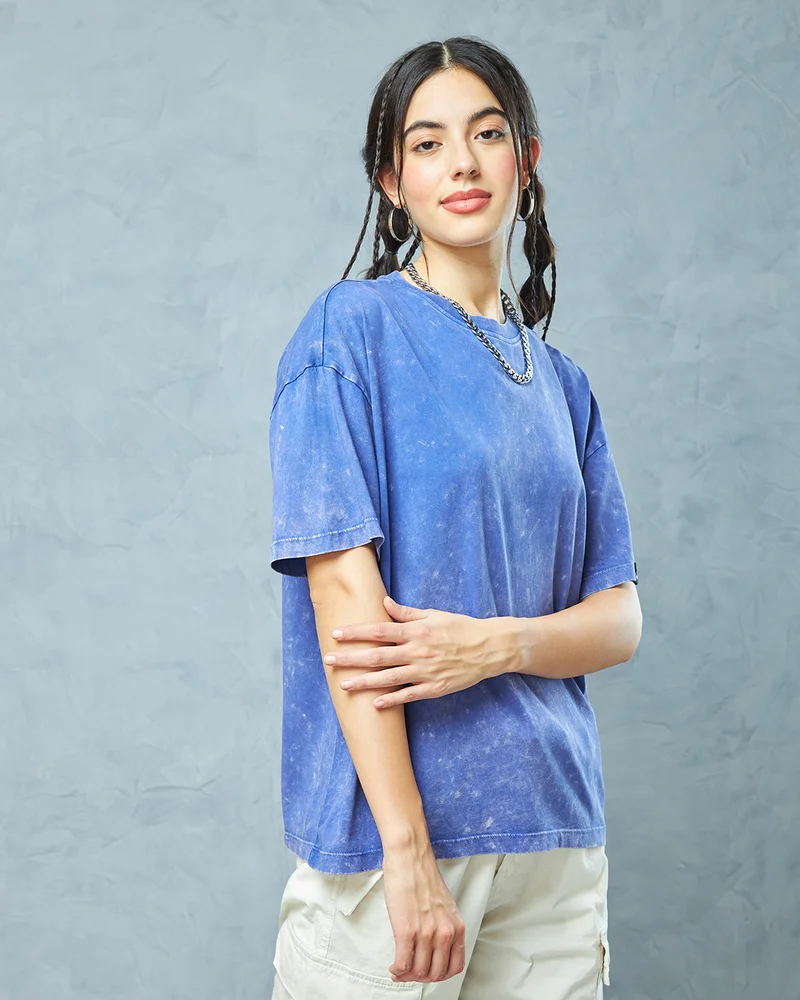 bewakoof Women's Blue Oversized Acid Wash T-shirt
